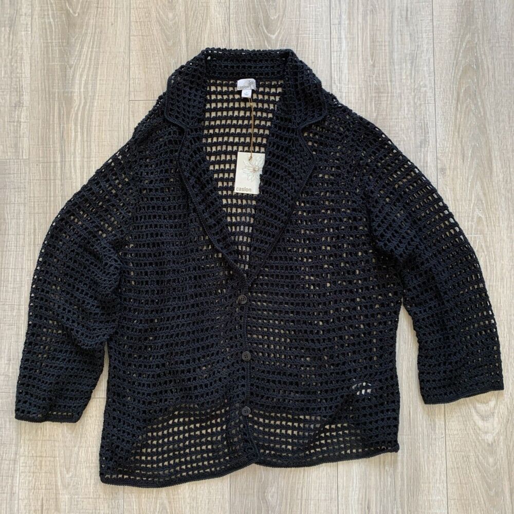 Caslon Crochet Cardigan Sweater Button Front Long Sleeve Black Womens 3X